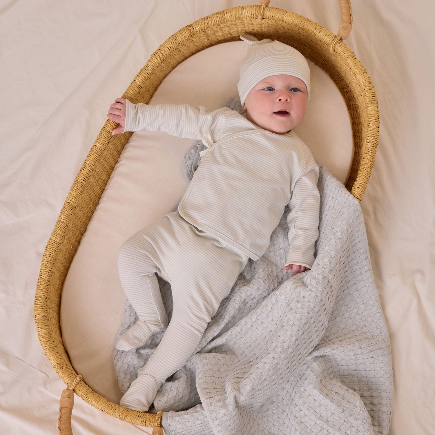 Quincy Mae Organic Wrap Top + Footed Pant Set | Sky Micro Stripe