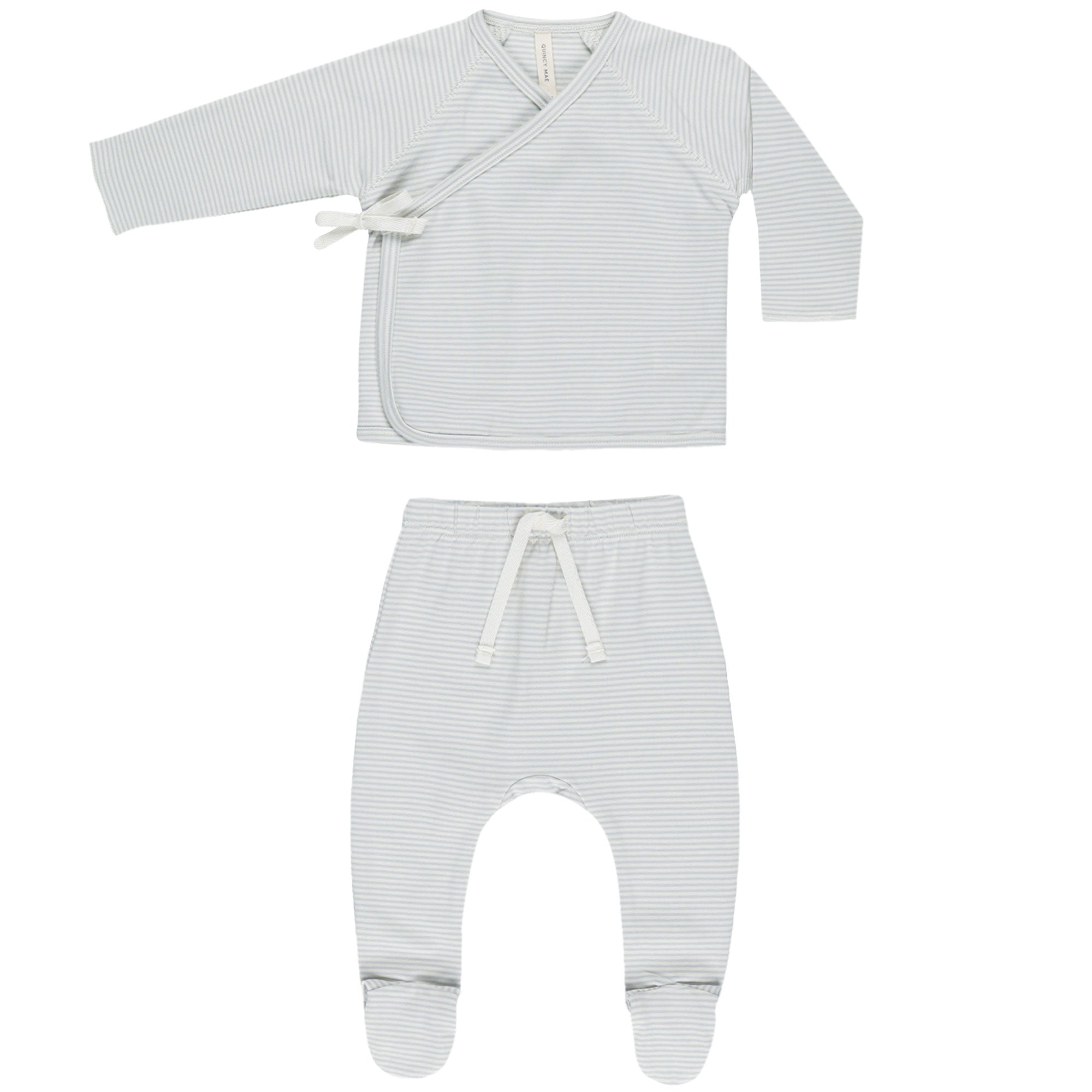 Quincy Mae Organic Wrap Top + Footed Pant Set | Sky Micro Stripe