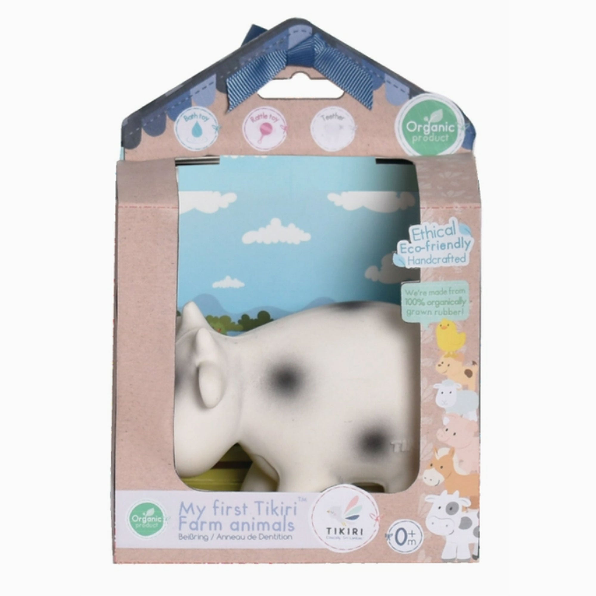 Tikiri Toys Natural Rubber Teether, Rattle & Bath Toy - Cow