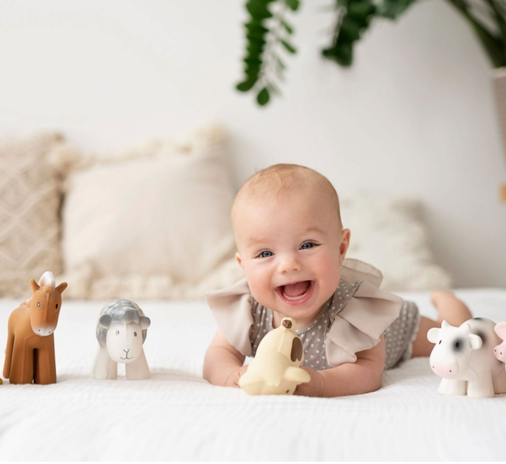 Tikiri Toys Natural Rubber Teether, Rattle & Bath Toy - Cow