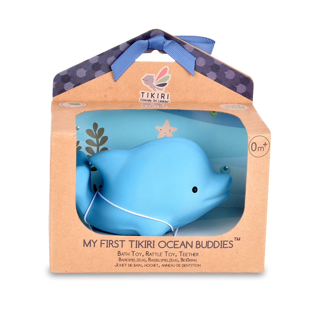 Tikiri Toys Natural Rubber Teether, Rattle & Bath Toy - Dolphin
