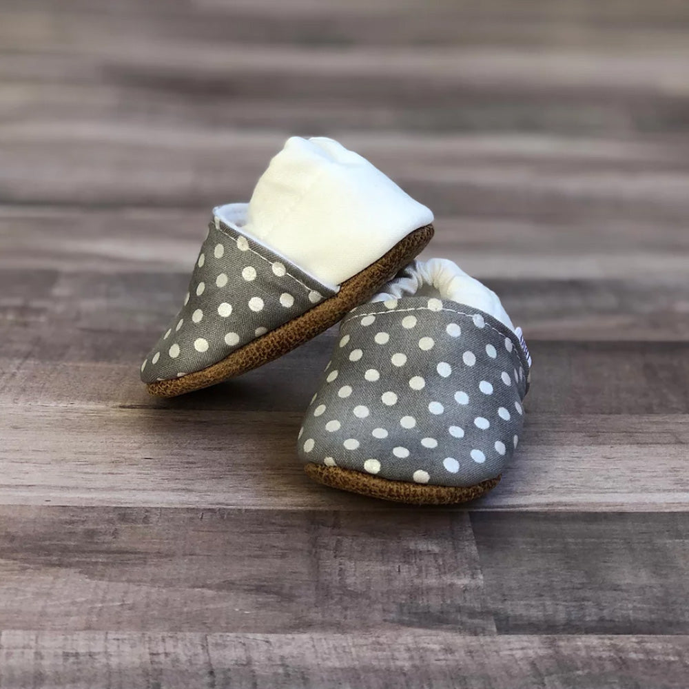 Baby Moccasins - Gray Polka Dots