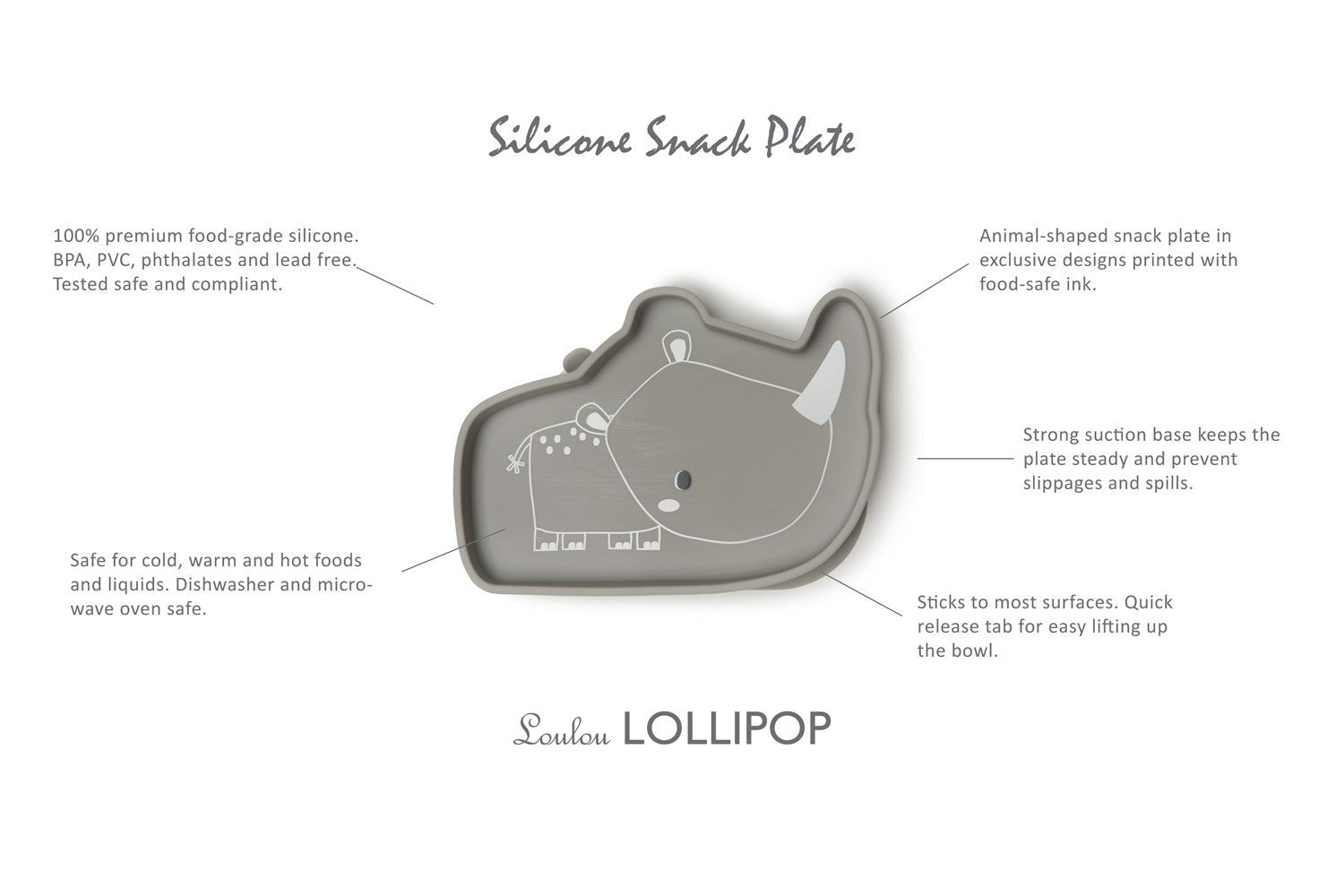 Loulou Lollipop Silicone Suction Snack Plate - Rhino