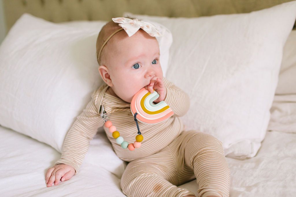 Loulou Lollipop Silicone Baby Teether and Holder Set Pastel Rainbow