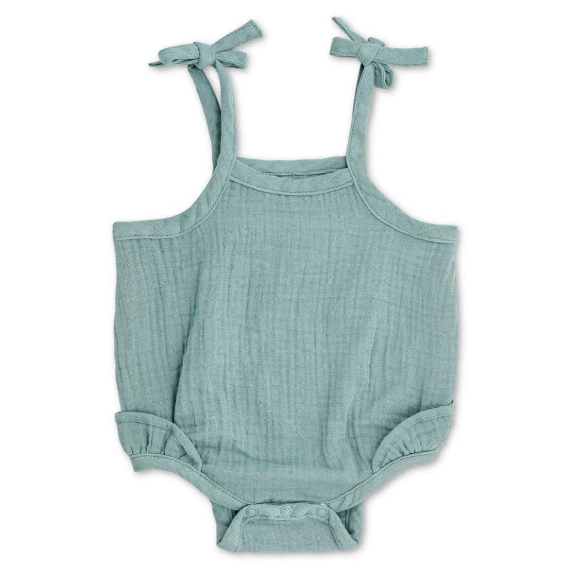 Apple Park Organic Muslin Ruffle Romper With Ties - Teal