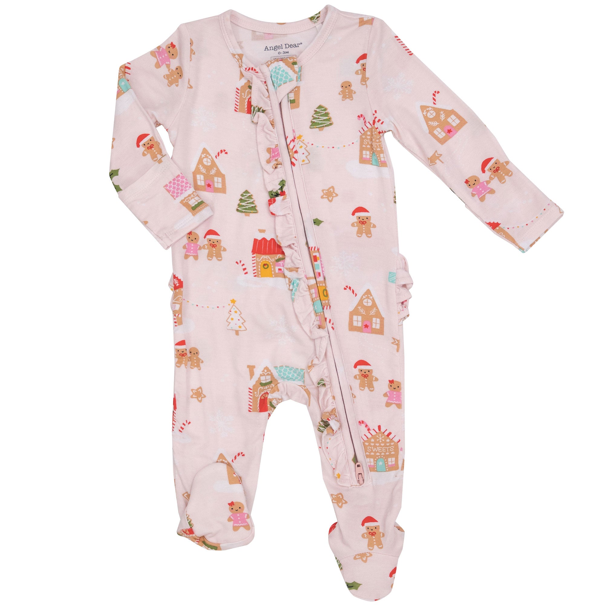 Angel Dear Holiday Ruffle Zipper Footie - Gingerbread Village Pink