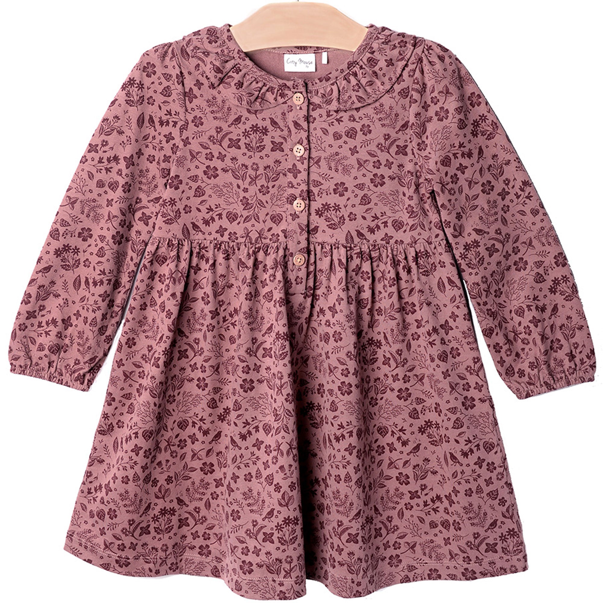 City Mouse Frill Collar Dress- Plum Birds