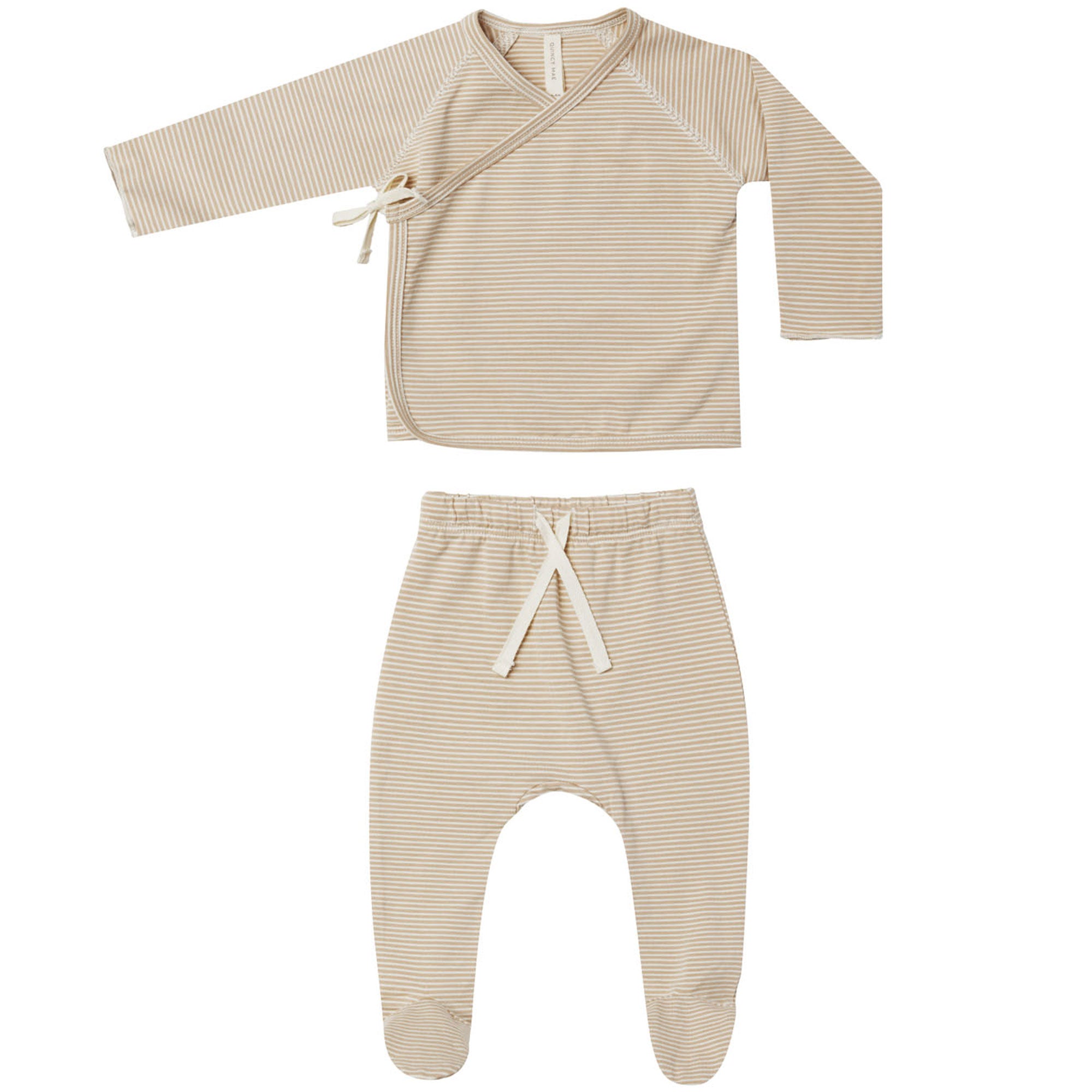 Quincy Mae Organic Wrap Top + Footed Pant Set - Latte Micro Stripe
