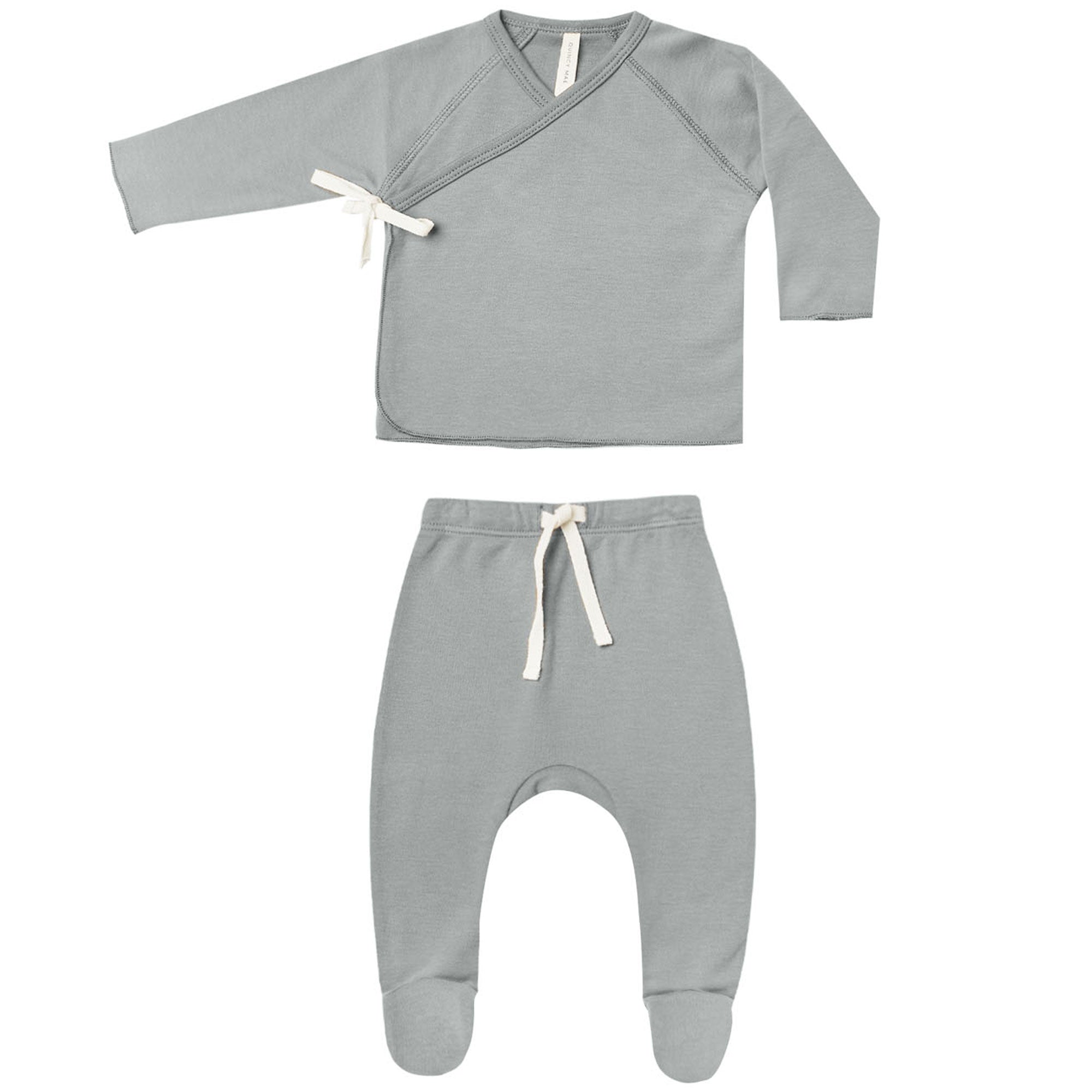 Quincy Mae Organic Wrap Top + Footed Pant Set - Dusty Blue