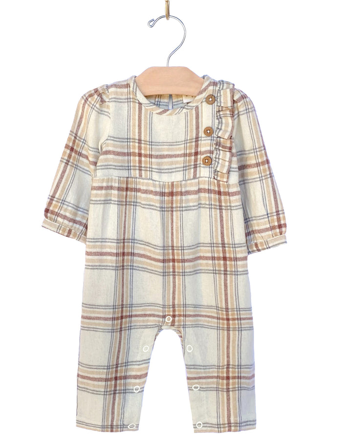 City Mouse Side Button Flannel Romper - Light Taupe
