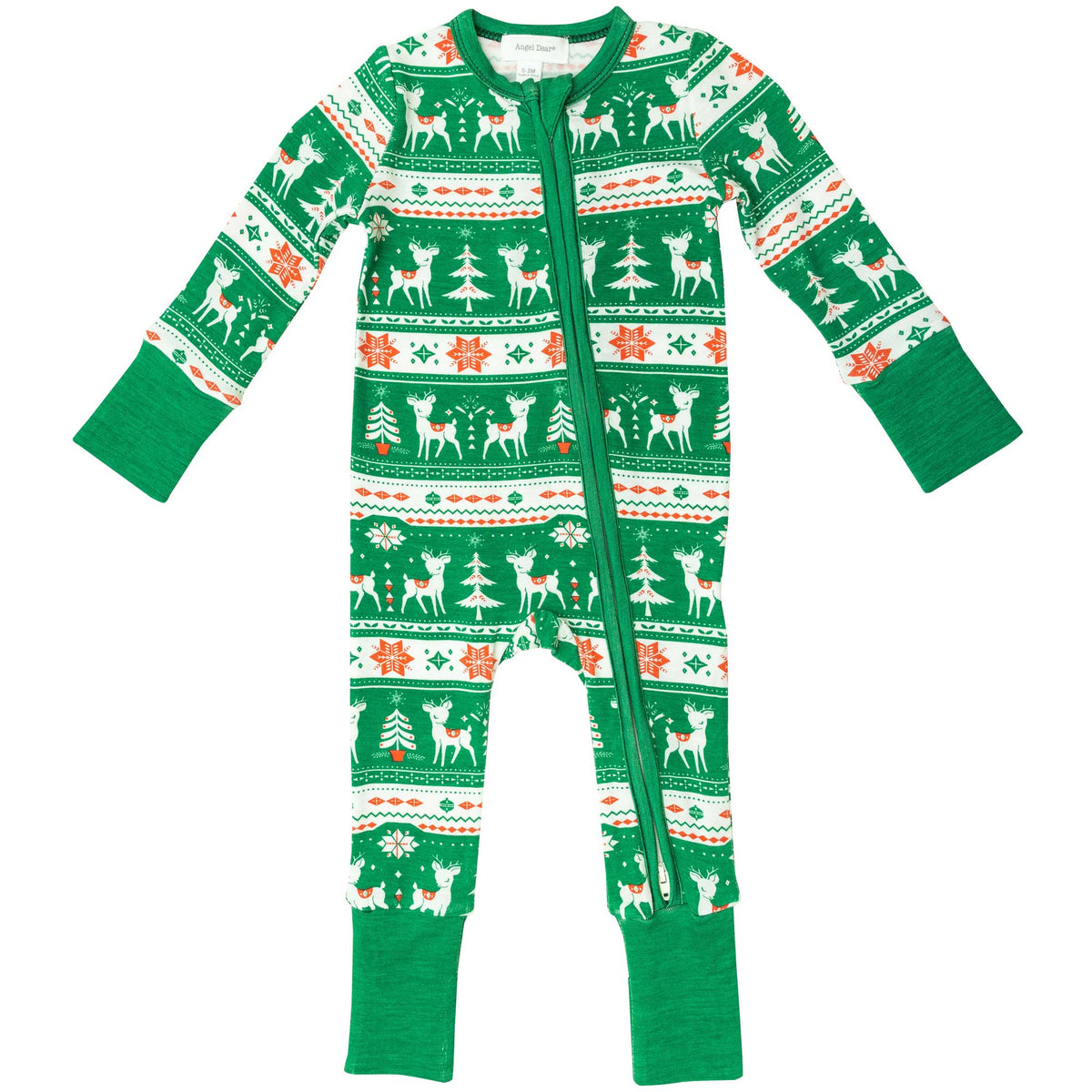 Angel Dear Holiday Bamboo 2-Way Zipper Romper - Vintage Deer Fair Isle Jolly Green