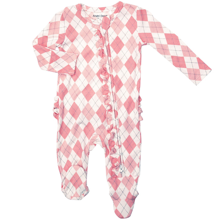 Angel Dear Bamboo Ruffle Zipper Footie - Argyle Pink