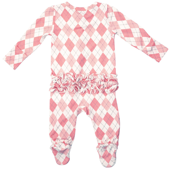 Angel Dear Bamboo Ruffle Zipper Footie - Argyle Pink