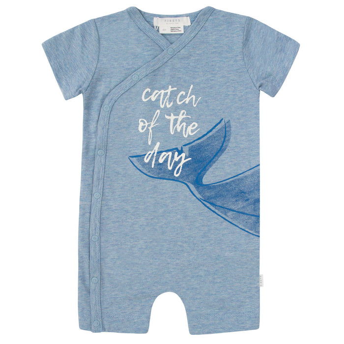 FIRSTS by Petit Lem Organic Baby Short Sleeve Playsuit Catch of the Day Blue