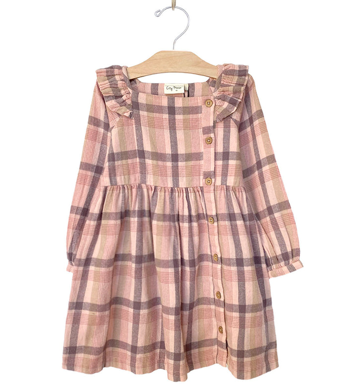 City Mouse Flannel Side Button Dress - Rosewood