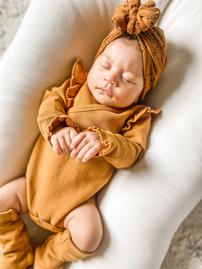 L'ovedbaby Organic Corduroy Ruffle Wrap Bodysuit - Butterscotch