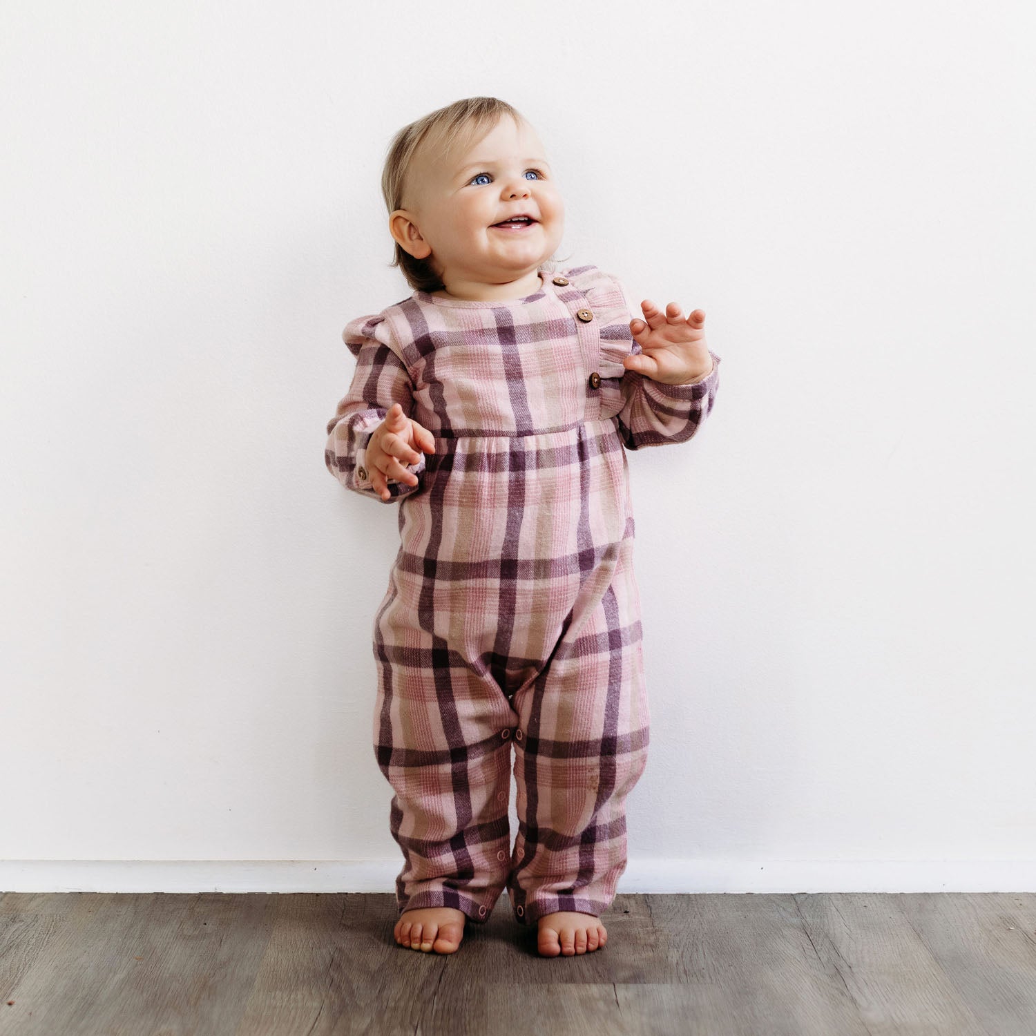 City Mouse Side Button Flannel Romper - Rosewood