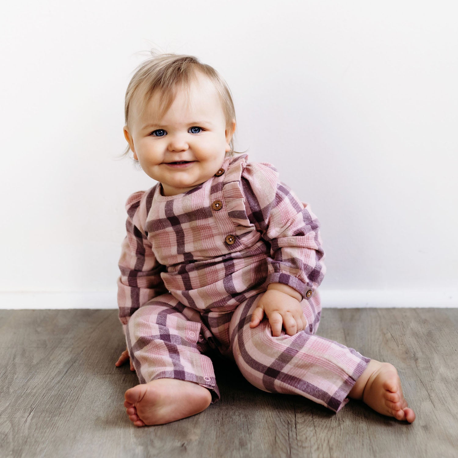 City Mouse Side Button Flannel Romper - Rosewood