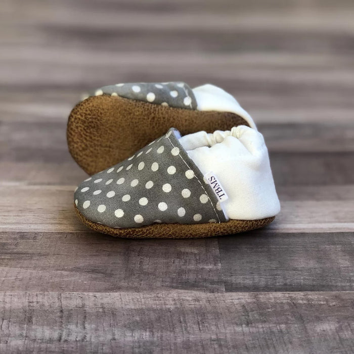 Baby Moccasins - Gray Polka Dots