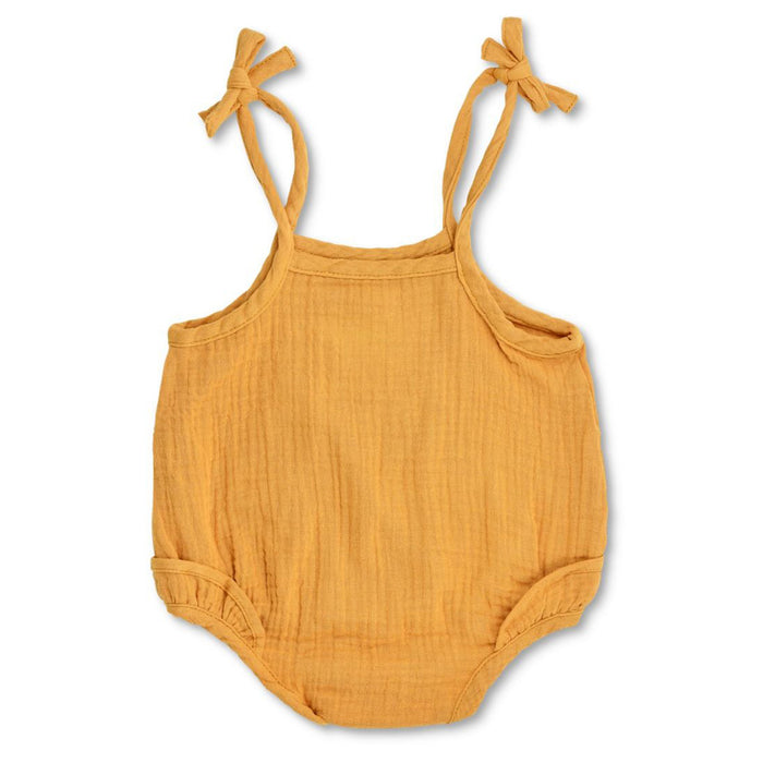 Apple Park Organic Muslin Ruffle Romper With Ties - Mustard