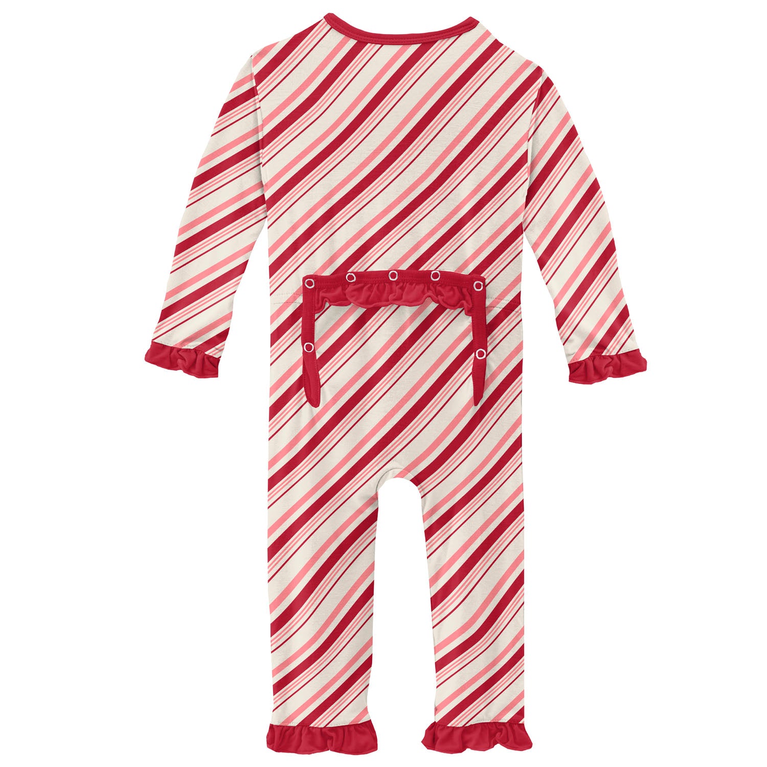 Kickee Pants Holiday Bamboo Ruffle Coverall with Snaps - Strawberry Candy Cane Stripe