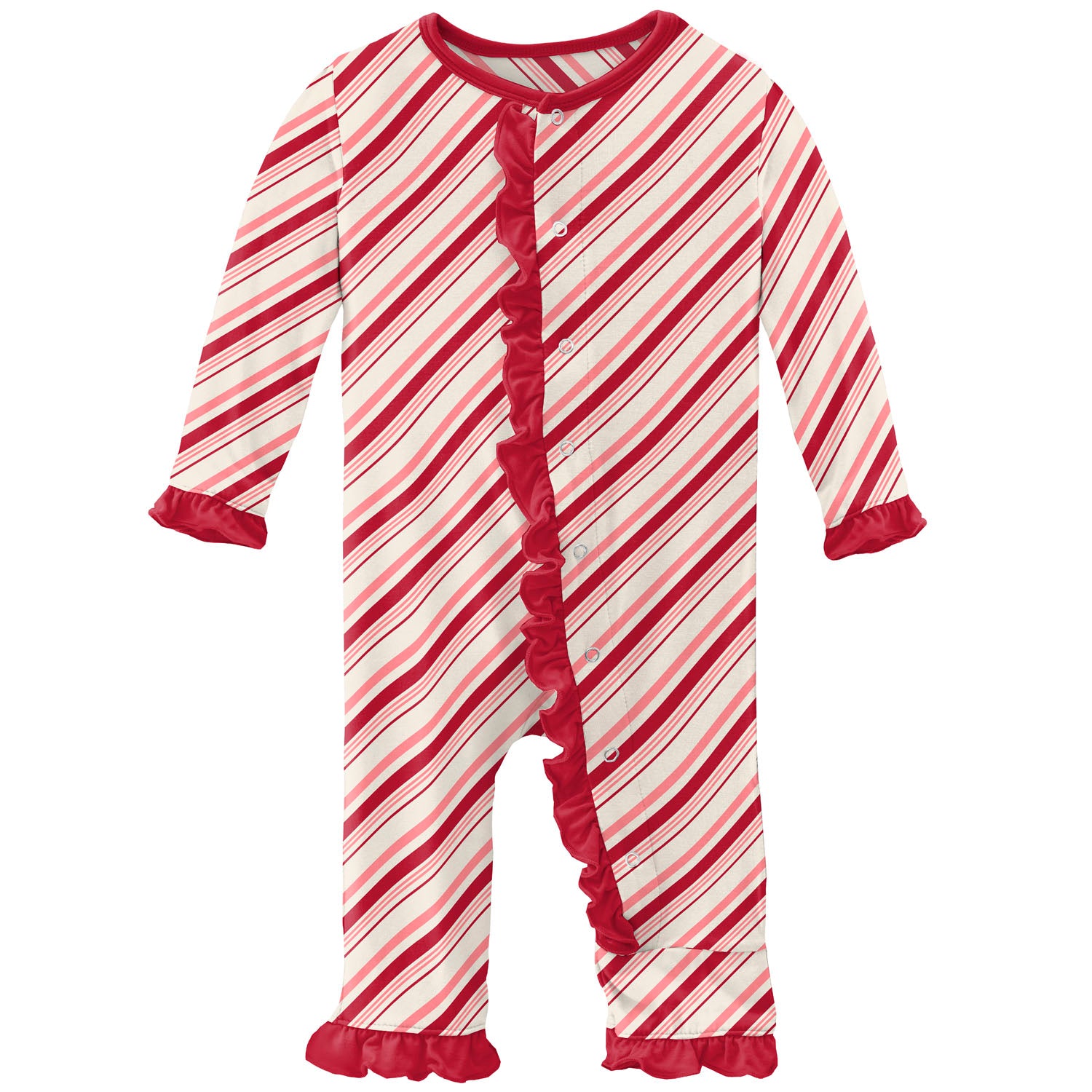 Kickee Pants Holiday Bamboo Ruffle Coverall with Snaps - Strawberry Candy Cane Stripe