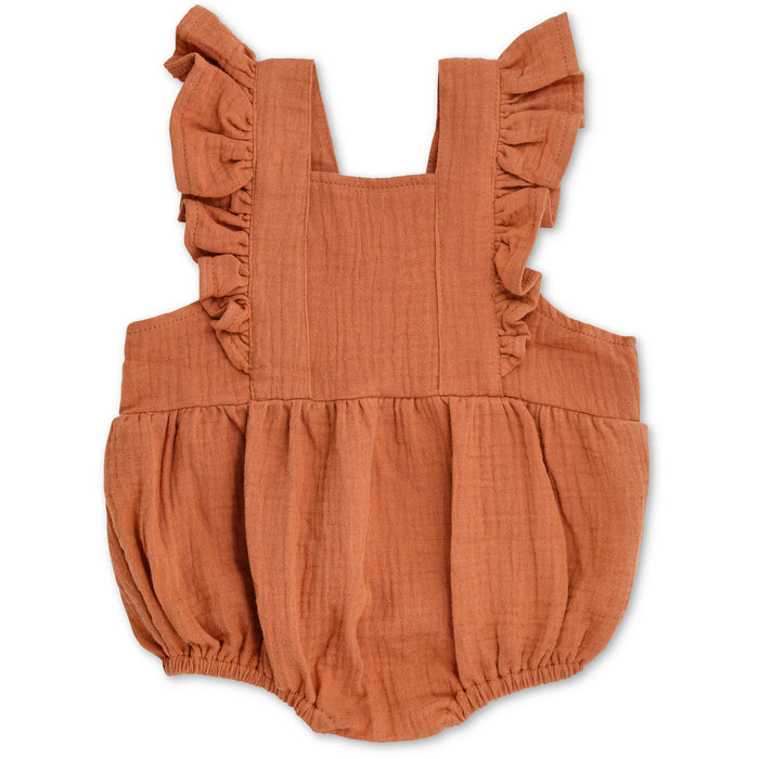 Apple Park Organic Muslin Flutter Sleeve Romper - Rust