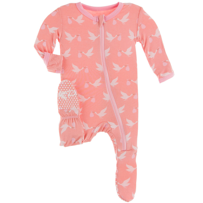Kickee Pants Footie with Zipper - Blush Stork